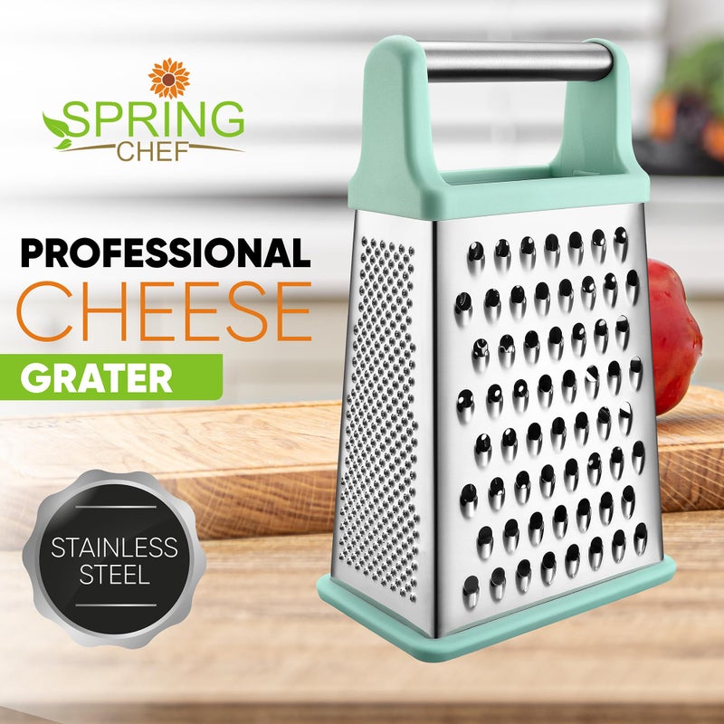 Spring Chef Professional Cheese Grater - Stainless Steel Box Grater for Kitchen, XL Size - Perfect 4 Sided Shredder for Parmesan Cheese, Vegetables, Ginger - Dishwasher Safe - Mint - Image 2